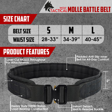 Tactical Padded Patrol Mole Battle Belt, Adjustable Hunting Waist